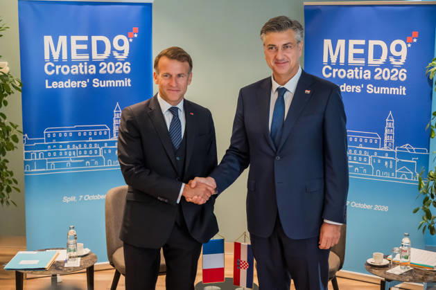 EU MED9 Bilateral meet Plenkovic - Macron Croatian Prime Minister Andrej Plenkovic meets French President Emmanuel Macron during bilateral meetings on the sidelines of the EU MED9 summit in Split, Croatia on October 7, 2027.  ZvonimirxBarisin PIXSELL