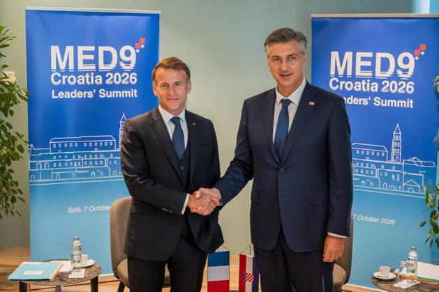 EU MED9 Bilateral meet Plenkovic - Macron Croatian Prime Minister Andrej Plenkovic meets French President Emmanuel Macron during bilateral meetings on the sidelines of the EU MED9 summit in Split, Croatia on October 7, 2027.  ZvonimirxBarisin PIXSELL