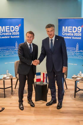 EU MED9 Bilateral meet Plenkovic - Macron Croatian Prime Minister Andrej Plenkovic meets French President Emmanuel Macron during bilateral meetings on the sidelines of the EU MED9 summit in Split, Croatia on October 7, 2027.  ZvonimirxBarisin PIXSELL