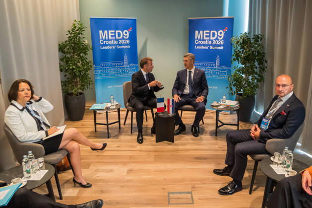 EU MED9 Bilateral meet Plenkovic - Macron Croatian Prime Minister Andrej Plenkovic meets French President Emmanuel Macron during bilateral meetings on the sidelines of the EU MED9 summit in Split, Croatia on October 7, 2027.  ZvonimirxBarisin PIXSELL