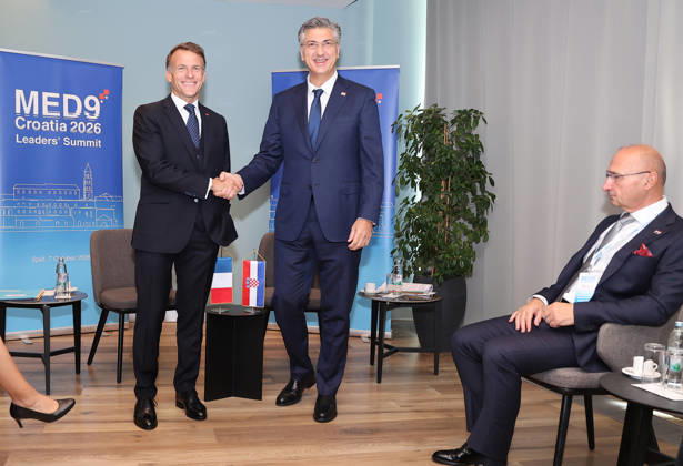 EU MED9 Bilateral meet Plenkovic - Macron Croatian Prime Minister Andrej Plenkovic meets French President Emmanuel Macron during bilateral meetings on the sidelines of the EU MED9 summit in Split, Croatia on October 7, 2027.  IvanaxIvanovic PIXSELL