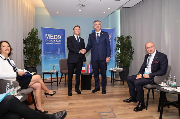 EU MED9 Bilateral meet Plenkovic - Macron Croatian Prime Minister Andrej Plenkovic meets French President Emmanuel Macron during bilateral meetings on the sidelines of the EU MED9 summit in Split, Croatia on October 7, 2027.  IvanaxIvanovic PIXSELL