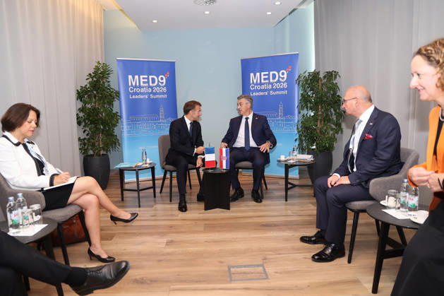 EU MED9 Bilateral meet Plenkovic - Macron Croatian Prime Minister Andrej Plenkovic meets French President Emmanuel Macron during bilateral meetings on the sidelines of the EU MED9 summit in Split, Croatia on October 7, 2027.  IvanaxIvanovic PIXSELL