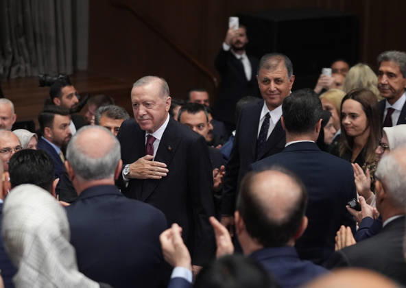 Turkish President and Justice and Development (AK) Party Chairman Recep Tayyip Erdogan ANKARA, TURKIYE - OCTOBER 07: Turkish President and Justice and Development (AK) Party Chairman Recep Tayyip Erdogan greets crowd as he attends the Legislative Year Opening Meeting with AK Party lawmakers at the AK Party Congress Center in Ankara, Turkiye, on October 07, 2026. Izmir Metropolitan Municipality Mayor Cemil Tugay also attends the meeting. Ercin Erturk Anadolu Ankara Turkey. Editorial use only. Please get in touch for any other usage.  Copyright: x2026xAnadoluxErcinxErturkx