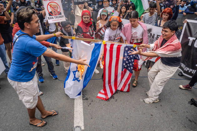 October 7, 2026, Quezon City, Quezon City, Philippines: Progressive formations led by Philippines-Palestine Friendship Association (PPFA), Bagong Alyansang Makabayan (Bayan) and International League of PeoplesÃ¢â‚¬â ¢ Struggle (ILPS) Philippines protest near the US embassy three years after the Al-Aqsa Flood, condemning the continued US-Israel military aggression in West Asia and the decades long oppression of Palestine. Quezon City Philippines - ZUMAs374 20261007_zip_s374_003 Copyright: xElessarxHamilixSarmagox
