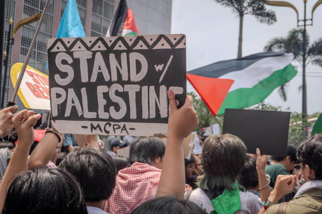 October 7, 2026, Quezon City, Quezon City, Philippines: Progressive formations led by Philippines-Palestine Friendship Association (PPFA), Bagong Alyansang Makabayan (Bayan) and International League of PeoplesÃ¢â‚¬â ¢ Struggle (ILPS) Philippines protest near the US embassy three years after the Al-Aqsa Flood, condemning the continued US-Israel military aggression in West Asia and the decades long oppression of Palestine. Quezon City Philippines - ZUMAs374 20261007_zip_s374_006 Copyright: xElessarxHamilixSarmagox