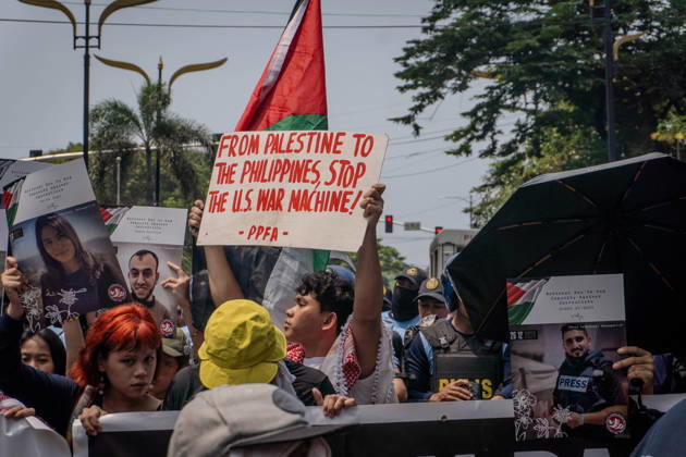 October 7, 2026, Quezon City, Quezon City, Philippines: Progressive formations led by Philippines-Palestine Friendship Association (PPFA), Bagong Alyansang Makabayan (Bayan) and International League of PeoplesÃ¢â‚¬â ¢ Struggle (ILPS) Philippines protest near the US embassy three years after the Al-Aqsa Flood, condemning the continued US-Israel military aggression in West Asia and the decades long oppression of Palestine. Quezon City Philippines - ZUMAs374 20261007_zip_s374_008 Copyright: xElessarxHamilixSarmagox