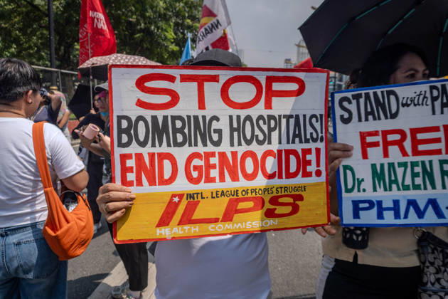 October 7, 2026, Quezon City, Quezon City, Philippines: Progressive formations led by Philippines-Palestine Friendship Association (PPFA), Bagong Alyansang Makabayan (Bayan) and International League of PeoplesÃ¢â‚¬â ¢ Struggle (ILPS) Philippines protest near the US embassy three years after the Al-Aqsa Flood, condemning the continued US-Israel military aggression in West Asia and the decades long oppression of Palestine. Quezon City Philippines - ZUMAs374 20261007_zip_s374_009 Copyright: xElessarxHamilixSarmagox