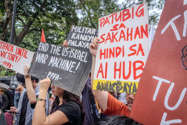 October 7, 2026, Quezon City, Quezon City, Philippines: Progressive formations led by Philippines-Palestine Friendship Association (PPFA), Bagong Alyansang Makabayan (Bayan) and International League of PeoplesÃ¢â‚¬â ¢ Struggle (ILPS) Philippines protest near the US embassy three years after the Al-Aqsa Flood, condemning the continued US-Israel military aggression in West Asia and the decades long oppression of Palestine. Quezon City Philippines - ZUMAs374 20261007_zip_s374_011 Copyright: xElessarxHamilixSarmagox