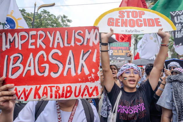 October 7, 2026, Quezon City, Quezon City, Philippines: Progressive formations led by Philippines-Palestine Friendship Association (PPFA), Bagong Alyansang Makabayan (Bayan) and International League of PeoplesÃ¢â‚¬â ¢ Struggle (ILPS) Philippines protest near the US embassy three years after the Al-Aqsa Flood, condemning the continued US-Israel military aggression in West Asia and the decades long oppression of Palestine. Quezon City Philippines - ZUMAs374 20261007_zip_s374_012 Copyright: xElessarxHamilixSarmagox