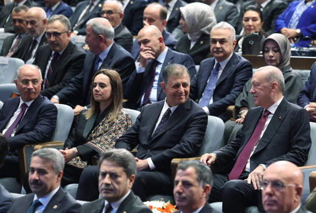 Turkish President and Leader of the Justice and Development (AK) Party Recep Tayyip Erdogan ANKARA, TURKIYE - OCTOBER 7: (----EDITORIAL USE ONLY - MANDATORY CREDIT - TURKISH PRESIDENCY MUSTAFA KAMACI HANDOUT - NO MARKETING NO ADVERTISING CAMPAIGNS - DISTRIBUTED AS A SERVICE TO CLIENTS----) Turkish President and Leader of the Justice and Development (AK) Party Recep Tayyip Erdogan (R) attends the Legislative Year Opening Meeting with AK Party lawmakers at the AK Party Congress Center in Ankara, Turkiye, on October 07, 2026. Izmir Metropolitan Municipality Mayor Cemil Tugay (2nd R) also attended the meeting. TUR Presidency Mustafa Kamaci Anadolu Ankara Turkey. Editorial use only. Please get in touch for any other usage.  Copyright: x2026xAnadoluxTURxPresidencyx xMustafaxKamacix