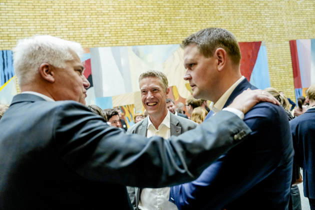 Statsbudsjett 2027 Oslo 20261007. oystein Dorum, Christian Justnes og Harald Solberg etter fremleggelsen av statsbudsjettet for 2027. Foto: Fredrik Varfjell NTB Oslo Norge 4dsfuJCYE-Q EDITORIAL USE ONLY Ref:_POL4dsfuJCYE-Q.jpg Copyright: xFredrikxVarfjellxx xNTBx