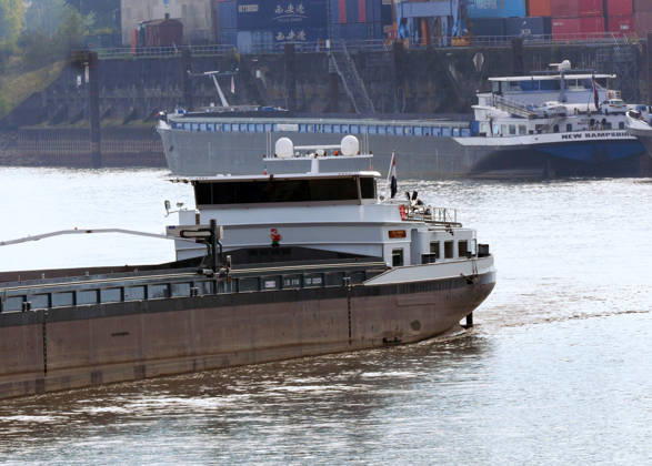 Beobachtungen bei Krefeld-Uerdingen am Rhein. Leere Binnenschiffe auf dem Rhein bei Niedrigwasser. Wirtschaft-Binnenhandel - Binnenschiffe auf dem Rhein.