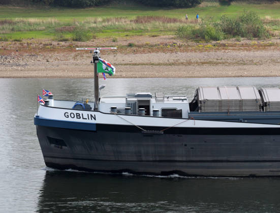 Beobachtungen bei Krefeld-Uerdingen am Rhein. Leere Binnenschiffe auf dem Rhein bei Niedrigwasser. Wirtschaft-Binnenhandel - Binnenschiffe auf dem Rhein.