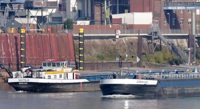 Beobachtungen bei Krefeld-Uerdingen am Rhein. Leere Binnenschiffe auf dem Rhein bei Niedrigwasser. Wirtschaft-Binnenhandel - Binnenschiffe auf dem Rhein.