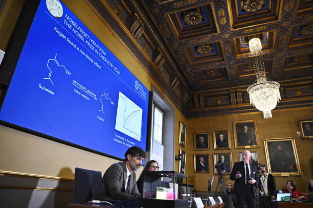 Henri Kagan and Kenso Soai are awarded the 2026 Nobel Prize in Chemistry during a press conference at the Royal Swedish Academy of Sciences in Stockholm, Sweden, on October 7, 2026 STOCKHOLM SWEDEN x10080x  Copyright: xFredrikxSandberg TTx SWEDEN NOBEL PRIZE 2026 CHEMISTRY Lx8_JSAP_dI