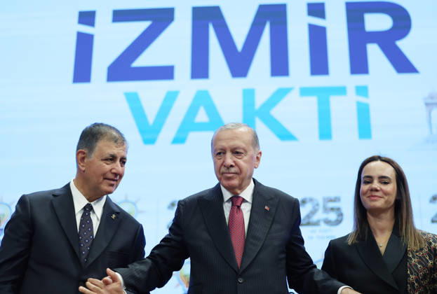 Turkish President and Leader of the Justice and Development (AK) Party Recep Tayyip Erdogan ANKARA, TURKIYE - OCTOBER 7: (----EDITORIAL USE ONLY - MANDATORY CREDIT - TURKISH PRESIDENCY MUSTAFA KAMACI HANDOUT - NO MARKETING NO ADVERTISING CAMPAIGNS - DISTRIBUTED AS A SERVICE TO CLIENTS----) Turkish President and Leader of the Justice and Development (AK) Party Recep Tayyip Erdogan (C) attends the Legislative Year Opening Meeting with AK Party Deputies at the AK Party Congress Center in Ankara, Turkiye on October 7, 2026. Erdogan pinned a party badge on Cemil Tugay (L), the mayor of Izmir Metropolitan Municipality, who joined the AK Party. TUR Presidency Mustafa Kamaci Handout Anadolu Ankara Turkey. Editorial use only. Please get  Copyright: x2026xAnadoluxTURxPresidencyx xMustafaxKamacix xHandoutx