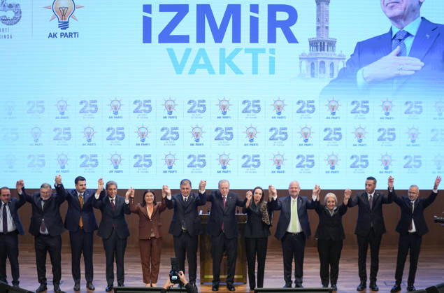 Legislative Year Opening Meeting with AK Party Deputies ANKARA, TURKIYE - OCTOBER 7: Turkish President and Leader of the Justice and Development (AK) Party Recep Tayyip Erdogan (C) poses for a group photograph alongside Izmir Metropolitan Municipality Mayor Cemil Tugay and his wife Oznur Tugay during the Legislative Year Opening Meeting with AK Party Deputies at the AK Party Congress Center in Ankara, Turkiye on October 7, 2026. Ercin Erturk Anadolu Ankara Turkey. Editorial use only. Please get in touch for any other usage.  Copyright: x2026xAnadoluxErcinxErturkx