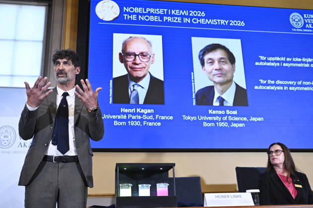 Henri Kagan and Kenso Soai are awarded the 2026 Nobel Prize in Chemistry during a press conference at the Royal Swedish Academy of Sciences in Stockholm, Sweden, on October 7, 2026 STOCKHOLM SWEDEN x10080x  Copyright: xFredrikxSandberg TTx SWEDEN NOBEL PRIZE 2026 CHEMISTRY kH_Fmq-2IN4