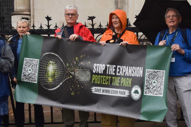 October 7, 2026, London, England, United Kingdom: Campaigners from Save Wimbledon Park gather outside the Royal Courts of Justice as they ask the Court of Appeal to overturn the permission for the All England Club to expand and build a new stadium and tennis courts on the Wimbledon Park golf course. London United Kingdom - ZUMAv130 20261007_zip_v130_013 Copyright: xVukxValcicx