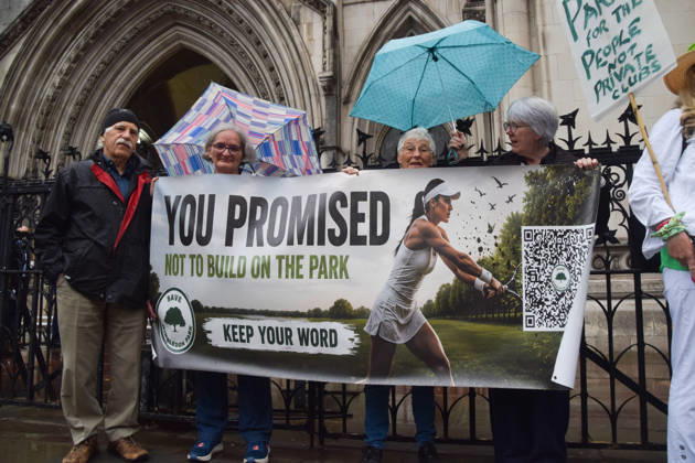 October 7, 2026, London, England, United Kingdom: Campaigners from Save Wimbledon Park gather outside the Royal Courts of Justice as they ask the Court of Appeal to overturn the permission for the All England Club to expand and build a new stadium and tennis courts on the Wimbledon Park golf course. London United Kingdom - ZUMAv130 20261007_zip_v130_015 Copyright: xVukxValcicx