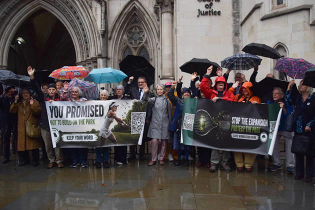 October 7, 2026, London, England, United Kingdom: Campaigners from Save Wimbledon Park gather outside the Royal Courts of Justice as they ask the Court of Appeal to overturn the permission for the All England Club to expand and build a new stadium and tennis courts on the Wimbledon Park golf course. London United Kingdom - ZUMAv130 20261007_zip_v130_018 Copyright: xVukxValcicx
