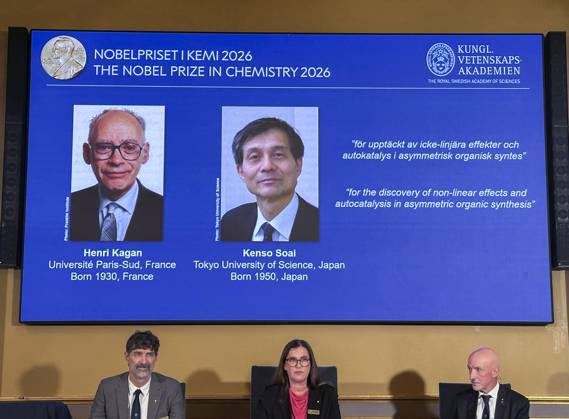 Nobel chemistry prize winners announced The Royal Swedish Academy of Sciences announces the winners of the 2026 Nobel Prize in chemistry during a press conference in Stockholm on Oct. 7, 2026. Kenso Soai (R), a professor emeritus at the Tokyo University of Science in Japan, shared the prize with Henri Kagan, a professor emeritus at the Universite Paris-Sud in France, for the discovery of non-linear effects and autocatalysis in asymmetric organic synthesis, the academy said.  A14AA0005630359P