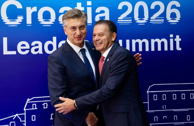 EU MED9 Prime Minister of Croatia Andrej Plenkovic welcomes Prime Minister of Potugal Luis Montenegro for EU MED9 summit at Split, Croatia on October 7, 2026.  IvoxCagalj PIXSELL