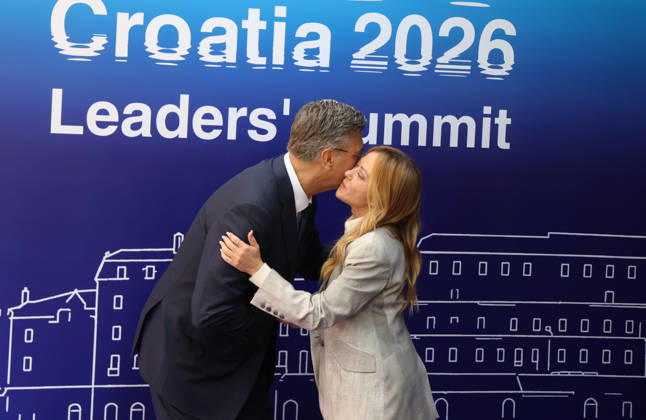 EU MED9 Prime Minister of Croatia Andrej Plenkovic welcomes Prime Minister of Italy Giorgia Meloni for EU MED9 summit at Split, Croatia on October 7, 2026.  IvoxCagalj PIXSELL