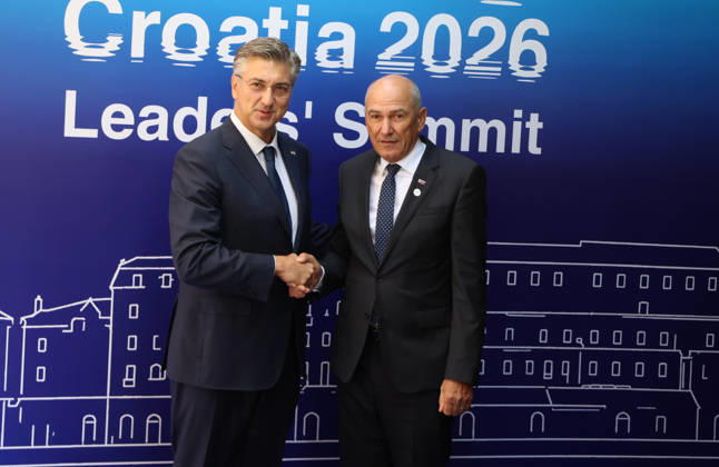 EU MED9 Prime Minister of Croatia Andrej Plenkovic welcomes Prime Minister of Slovenia Janez Jansa for EU MED9 summit at Split, Croatia on October 7, 2026.  IvoxCagalj PIXSELL