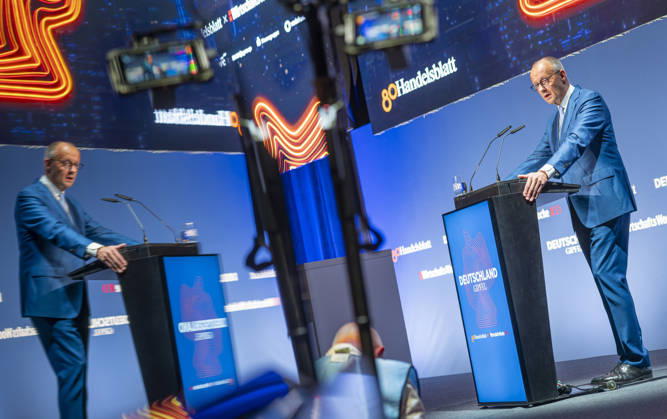 Friedrich Merz EUR, Deutschland, Berlin, 07.10.2026: Keynote von Bundeskanzler Friedrich Merz (CDU) zur Lage unseres Landes anlässlich der in Berlin stattfindenen Jubiläumsveranstaltung von 80 Jahre Handelsblatt und 100 Jahre WirtschaftsWoche.