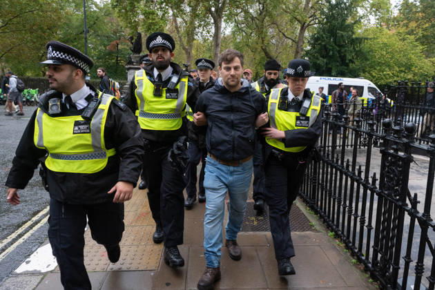Pro-Palestinian protesters march In London LONDON, UNITED KINGDOM - OCTOBER 7: Police officers detain a Pro-Palestinian demonstrator during a protest in central London, United Kingdom, on October 7, 2026, marking the third anniversary of the October 7, 2023 attacks. Thomas Krych Anadolu London United Kingdom. Editorial use only. Please get in touch for any other usage.  Copyright: x2026xAnadoluxThomasxKrychx