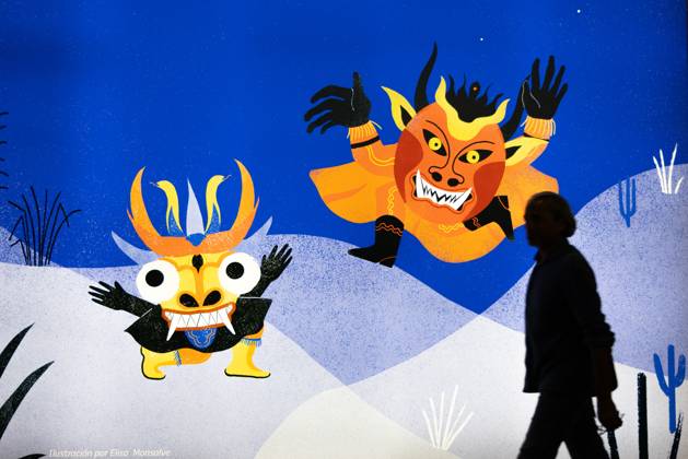 78. Frankfurter Buchmesse Ein Besucher schlendert am illuminierten Kunstwerk eines Austellers auf der Buchmesse in Frankfurt am Main vorbei. Die 78. Frankfurter Buchmesse findet vom 7. - 11. Oktober 2026 statt. Frankfurt am Main Messegelände Hessen Deutschland