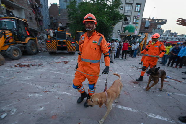 NEW DELHI, INDIA - OCTOBER 7: National Disaster Response Force (NDRF) jawans, Delhi Fire Service personnel, and local residents navigate heavy rubble during a search and rescue operation after a four-storey residential building collapsed in the New Seemapuri area of Shahdara on October 7, 2026, in New Delhi, India. The structural collapse occurred around 3:30 PM behind the local fish market, trapping multiple residents under concrete slabs and damaging two adjoining houses. At least one minor died while eight people were rescued and rushed to Rajiv Gandhi Super Speciality Hospital for emergency medical treatment as sniffer dogs and excavators worked late into the evening to locate remaining trapped survivors. (Photo by Raj K Raj Hindustan T