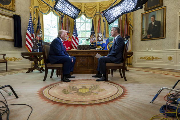 October 7, 2026, Washington, Dc, United States of America: U.S. President Donald Trump is interviewed by ABC News correspondent Terry Moran in the Oval Office of the White House, April 29, 2025 in Washington, D.C. The interview, recorded for a prime-time ABC News special marking the first 100 days of Trump s second term, covered tariffs, immigration and the war in Ukraine. Washington United States of America - ZUMAp138 20261007_zaa_p138_001 Copyright: xJoycexN.xBoghosian WhitexHousex