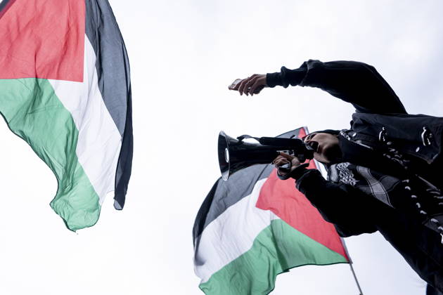 October 7, 2026, Montreal, Pq, CANADA: An organizer with the Solidarity for Palestinian Human Rights People leads a pro-Palestinian march in Montreal, on Wednesday, Oct. 7, 2026. Montreal CANADA  - ZUMAc35_ 20261007_zaf_c35_069 Copyright: xChristopherxKatsarovx