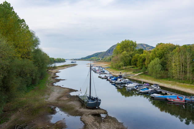 Niedrigwasser am Rhein: Aalschokker Aranka liegt völlig trocken an der Insel Grafenwerth - 07.10.26 Der historische Aalschokker Aranka liegt bei Niedrigwasser völlig trocken an der Insel Grafenwerth in Bad Honnef. Der 1917 gebaute Aalfänger ist seit 1991 ein bewegliches Denkmal. Die Pegel Oberwinter (-16 cm) und Bonn (61 cm) bewegen sich auf Rekordniveau. Ab Donnerstag leitet eine Regenfront den Herbst ein und bringt den Pegeln erste Entspannung. Bad Honnef Insel Grafenwerth Nordrhein-Westfalen Deutschland Copyright: xMarcxJohnx
