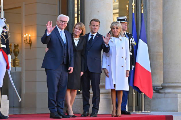 French president hosts German president, Elysee Palace, Paris, France French president Emmanuel Macron and his wife Mme Brigitte Macron host German President Mr Frank Walter Steinmeier and wife Mme Elke Budenbender at the Elysee Palace on October 08, 2026. Paris Elysee Palace Ile de France France