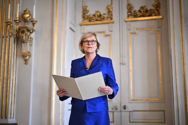 Ingrid Carlberg, Permanent Secretary of the Swedish Academy, announces that Canadian author Anne Carson has been awarded the 2026 Nobel Prize in Literature at Börshuset in Stockholm, Sweden, on October 8, 2026. STOCKHOLM, SWEDEN x10430x  Copyright: xChristinexOlsson TTx NOBEL PRIZE IN LITERATURE 2026 mKngdPv_Di0