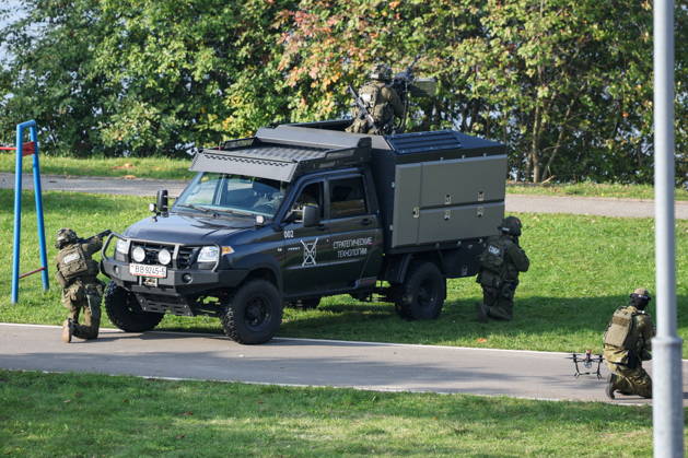 BELARUS, MINSK - OCTOBER 8, 2026: A vehicle is seen during the final phase of the Eurasia-Antiterror 2026 counter-terrorism exercise by relevant agencies of the CIS and SCO member states. The drill is held as part of the 2026 CIS and SCO Counter-Terrorism Forum. Maxim Malinovsky TASS  98945551