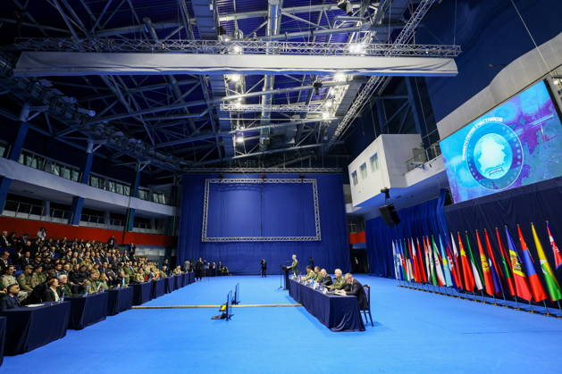 BELARUS, MINSK - OCTOBER 8, 2026: A meeting before the final phase of the Eurasia-Antiterror 2026 counter-terrorism exercise by relevant agencies of the CIS and SCO member states. The drill is held as part of the 2026 CIS and SCO Counter-Terrorism Forum. Maxim Malinovsky TASS 98946424