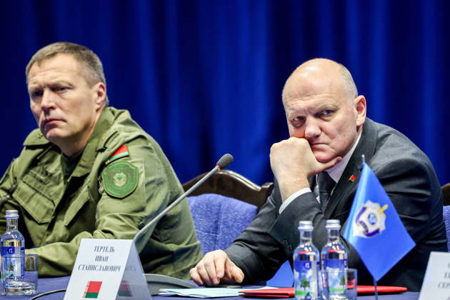 BELARUS, MINSK - OCTOBER 8, 2026: Deputy State Secretary of the Security Council of Belarus Alexander Neverovsky (L) and Chairman of the State Security Committee of Belarus Ivan Tertel attend a meeting before the final phase of the Eurasia-Antiterror 2026 counter-terrorism exercise by relevant agencies of the CIS and SCO member states. The drill is held as part of the 2026 CIS and SCO Counter-Terrorism Forum Minsk Belarus  - ZUMAt113 20261008_zaa_t113_355 Copyright: xMaximxMalinovskyx