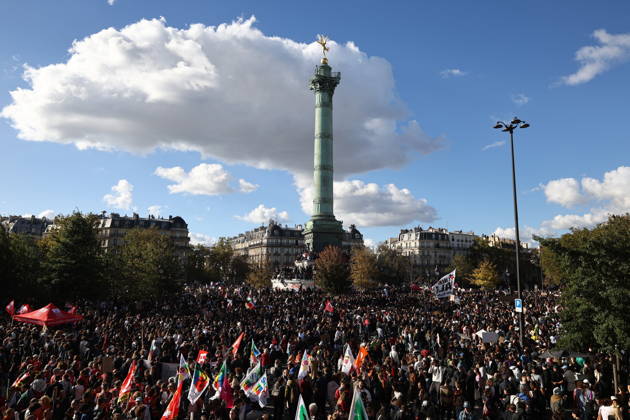 RECORD DATE NOT STATED Student Protest - Paris High-school students take part in a demonstration at Place de la Bastille, in Paris, France on October 8, 2026, as part of a nationwide protest movement over learning conditions. Since late September, pupils have barred the entrances to hundreds of schools, complaining of teacher absences, overloaded timetables, dilapidated classrooms and buildings ill-adapted to rising temperatures, among other grievances. Photo by Raphael Lafargue ABACAPRESS.COM Paris France  Copyright: xLafarguexRaphael ABACAx