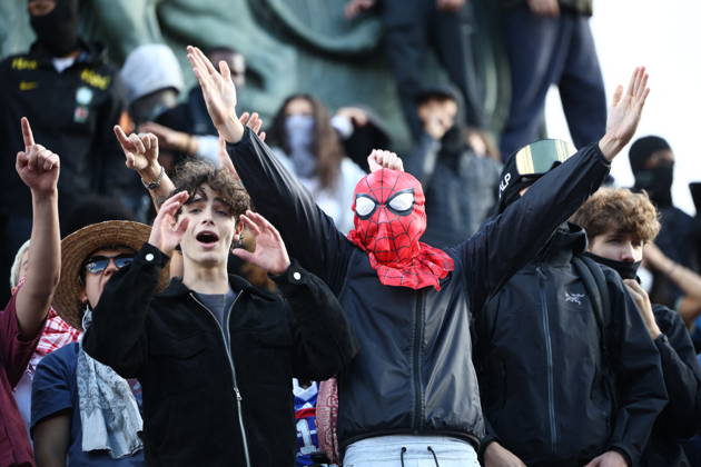 Student Protest - Paris High-school students take part in a demonstration at Place de la Bastille, in Paris, France on October 8, 2026, as part of a nationwide protest movement over learning conditions. Since late September, pupils have barred the entrances to hundreds of schools, complaining of teacher absences, overloaded timetables, dilapidated classrooms and buildings ill-adapted to rising temperatures, among other grievances. Photo by Raphael Lafargue ABACAPRESS.COM Paris France  Copyright: xLafarguexRaphael ABACAx