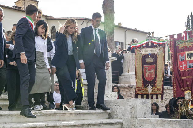 IPA89434820 - ASCOLI PICENO, ITALY OCTOBER 8, 2026: Prime Minister Giorgia Meloni attends the presentation and inauguration ceremony for the Palazzo Saladini Pilastri complex and its monumental park in Ascoli Piceno. The restoration project is part of the PINQuA program for urban regeneration and the enhancement of the city™s historical heritage. (Photo: Andrea Vagnoni IPA Agency)  Copyright: xAndreaxVagnonix xx IPA89434820