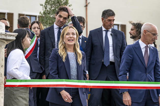 IPA89434785 - ASCOLI PICENO, ITALY OCTOBER 8, 2026: Prime Minister Giorgia Meloni attends the presentation and inauguration ceremony for the Palazzo Saladini Pilastri complex and its monumental park in Ascoli Piceno. The restoration project is part of the PINQuA program for urban regeneration and the enhancement of the city™s historical heritage. (Photo: Andrea Vagnoni IPA Agency)  Copyright: xAndreaxVagnonix xx IPA89434785