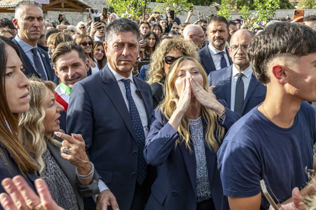 IPA89434859 - ASCOLI PICENO, ITALY OCTOBER 8, 2026: Prime Minister Giorgia Meloni attends the presentation and inauguration ceremony for the Palazzo Saladini Pilastri complex and its monumental park in Ascoli Piceno. The restoration project is part of the PINQuA program for urban regeneration and the enhancement of the city™s historical heritage. (Photo: Andrea Vagnoni IPA Agency)  Copyright: xAndreaxVagnonix xx IPA89434859