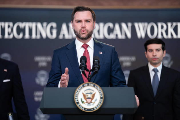 JD Vance During Immigration Program Announcement - Washington Vice President JD Vance gives remarks during an announcement in the South Court Auditorium of the Eisenhower Executive Office Building at the White House in Washington, DC, US, on Thursday, Oct. 8, 2026. The Trump administration said Thursday that it would suspend an immigration program for multiple tech firms, including Microsoft Corp., alleging widespread abuse of a worker visa system. Photo by Aaron Schwartz Pool ABACAPRESS.COM Washington District of Columbia Copyright: xPool ABACAx