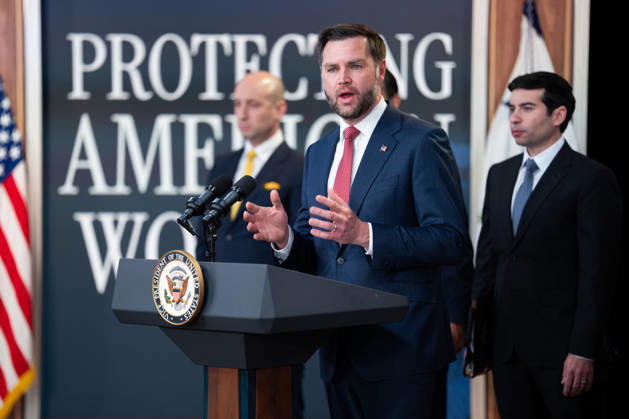 Vice President JD Vance gives remarks during an announcement in the South Court Auditorium of the Eisenhower Executive Office Building (EEOB) next to the White House in Washington, DC, on Thursday, October 8, 2026. The Trump administration said Thursday that it would suspend an immigration program for multiple tech firms, including Microsoft Corp., alleging widespread abuse of a worker visa system.  WASP20261008101 AaronxSchwartz