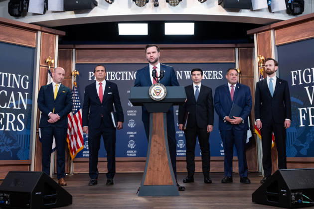 Vice President JD Vance gives remarks during an announcement in the South Court Auditorium of the Eisenhower Executive Office Building (EEOB) next to the White House in Washington, DC, on Thursday, October 8, 2026. The Trump administration said Thursday that it would suspend an immigration program for multiple tech firms, including Microsoft Corp., alleging widespread abuse of a worker visa system.  WASP20261008102 AaronxSchwartz